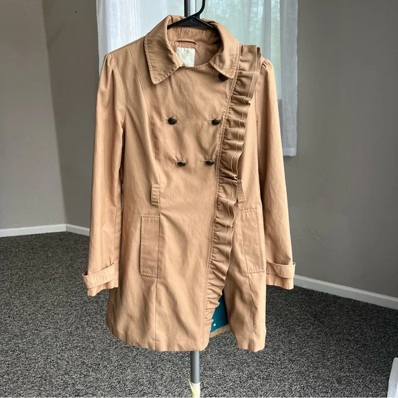 Anthropologie Elevenses Beige Ruffle Trench Coat - Picture 6 of 12